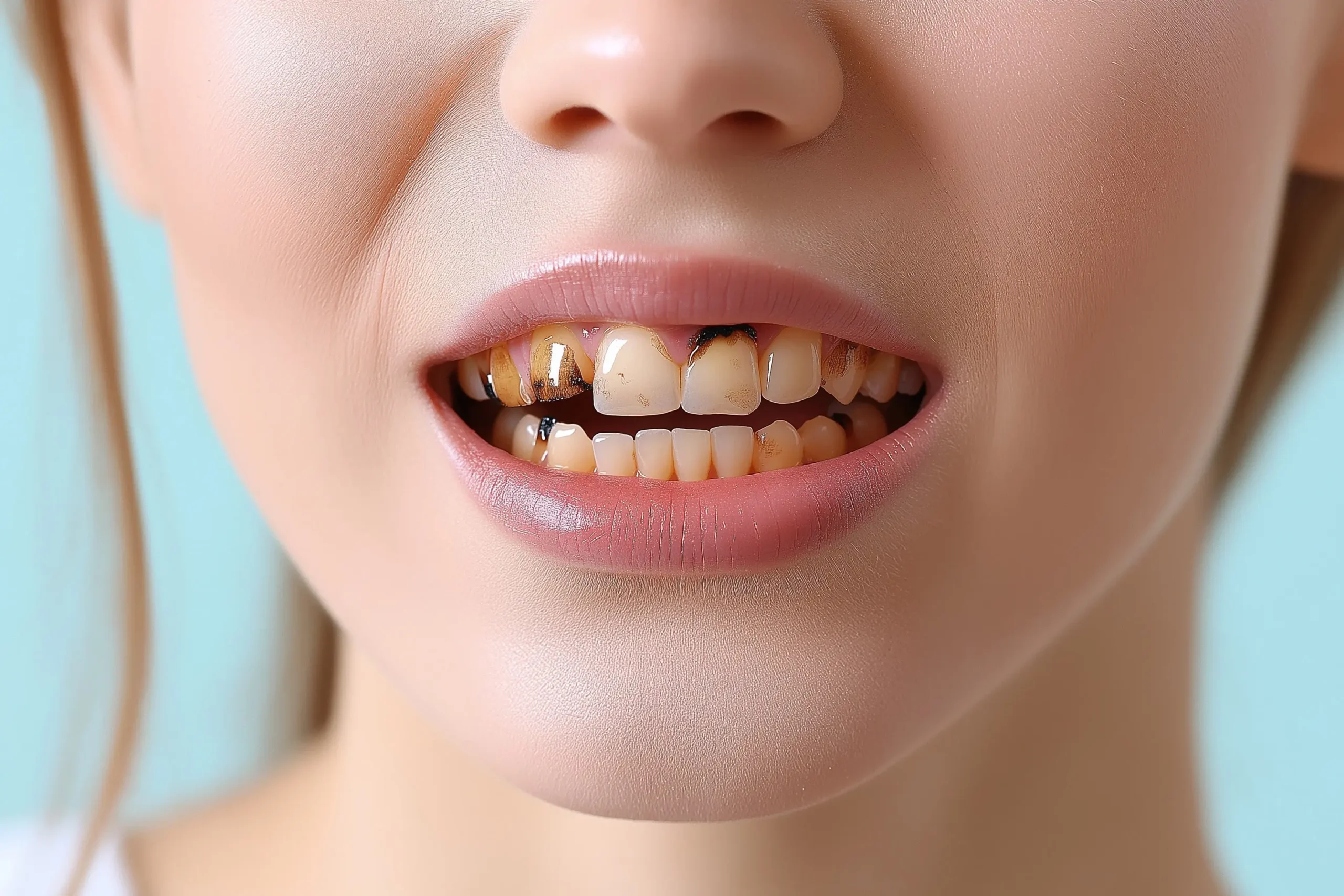 Close up shot of teeth which are discoloured and have black spots on it